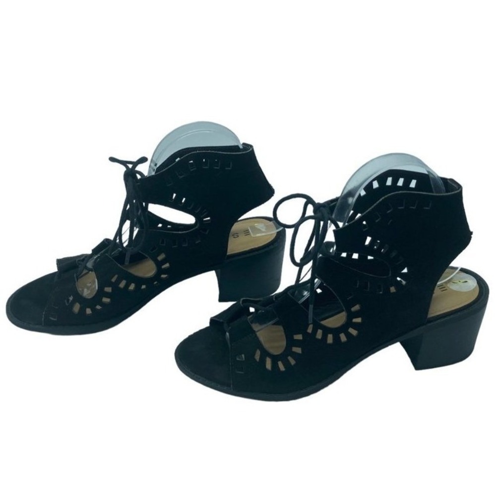 Esprit Lotus Black Lace Up Laser Cut Block Heel Sandals Womens Size 9M